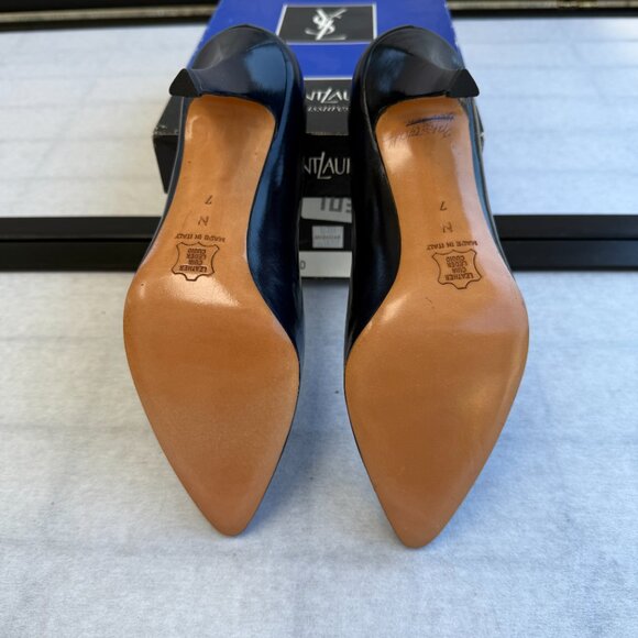 YVES SAINT LAURENT YSL Pump Heel 7N Dress Shoes Vintage Navy Blue Stiletto 90s - Picture 5 of 8